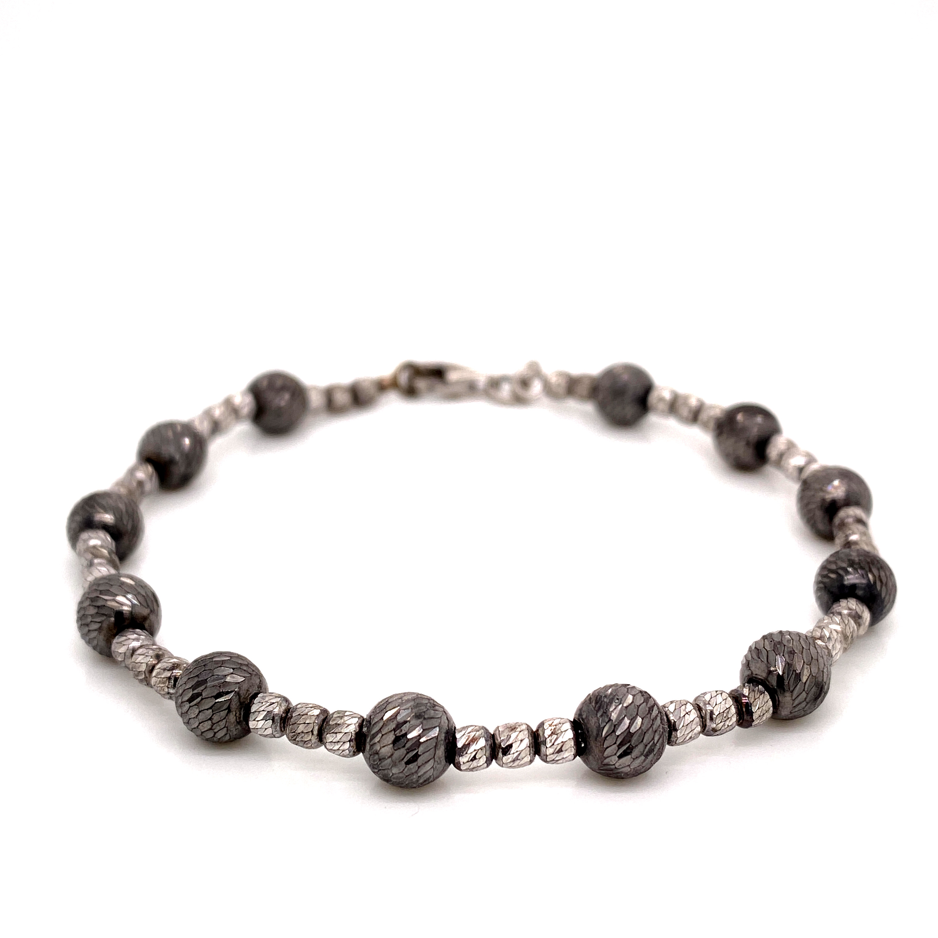 SILVER BEADED TWO TONE DIAMOND CUT BRACELET 